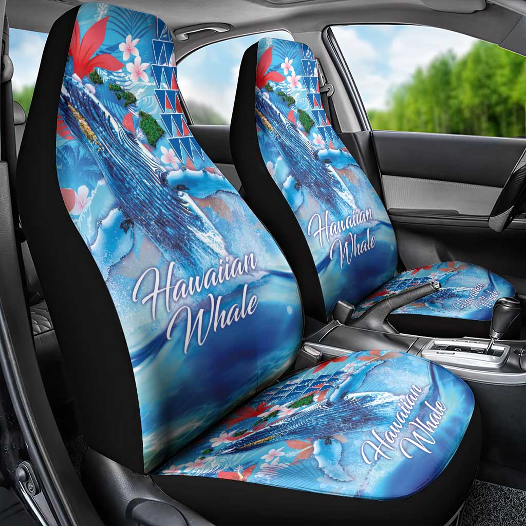 Hawaiian Waves Whale Car Seat Cover Kakau Art and Tropical Red Hibiscus Flowers
