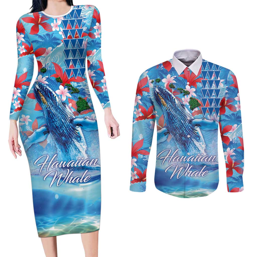 Hawaiian Waves Whale Couples Matching Long Sleeve Bodycon Dress and Long Sleeve Button Shirt Kakau Art and Tropical Red Hibiscus Flowers LT03 Blue - Polynesian Pride