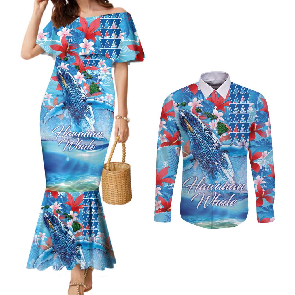 Hawaiian Waves Whale Couples Matching Mermaid Dress and Long Sleeve Button Shirt Kakau Art and Tropical Red Hibiscus Flowers LT03 Blue - Polynesian Pride