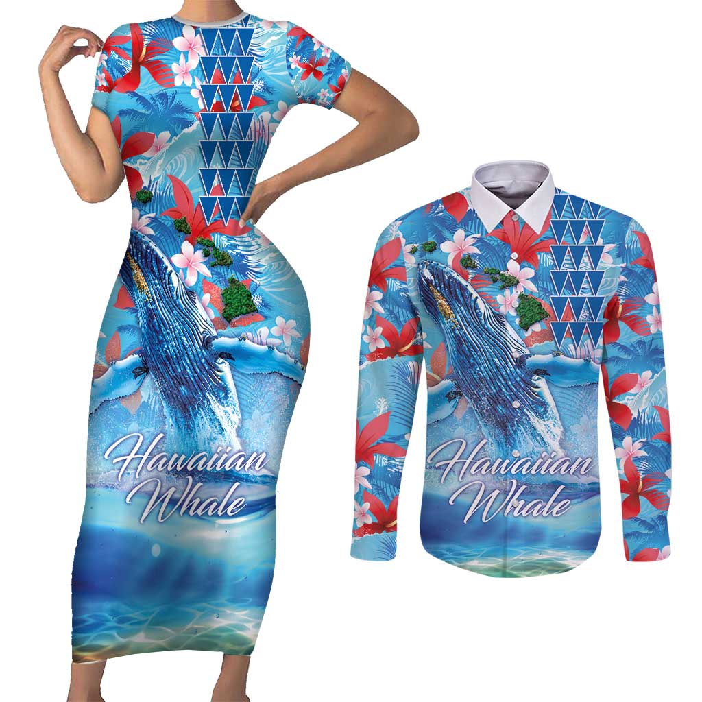 Hawaiian Waves Whale Couples Matching Short Sleeve Bodycon Dress and Long Sleeve Button Shirt Kakau Art and Tropical Red Hibiscus Flowers LT03 Blue - Polynesian Pride