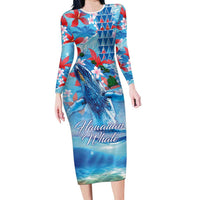 Hawaiian Waves Whale Family Matching Long Sleeve Bodycon Dress and Hawaiian Shirt Kakau Art and Tropical Red Hibiscus Flowers