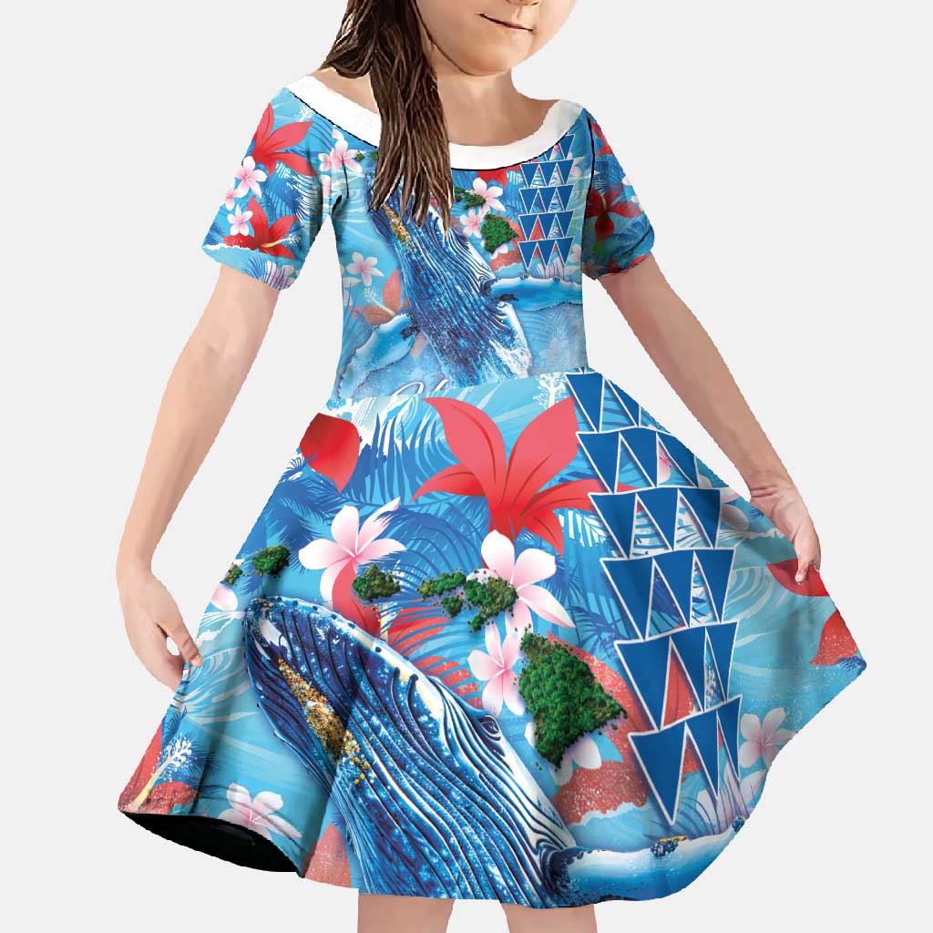 Hawaiian Waves Whale Family Matching Mermaid Dress and Hawaiian Shirt Kakau Art and Tropical Red Hibiscus Flowers LT03 Daughter's Dress Blue - Polynesian Pride