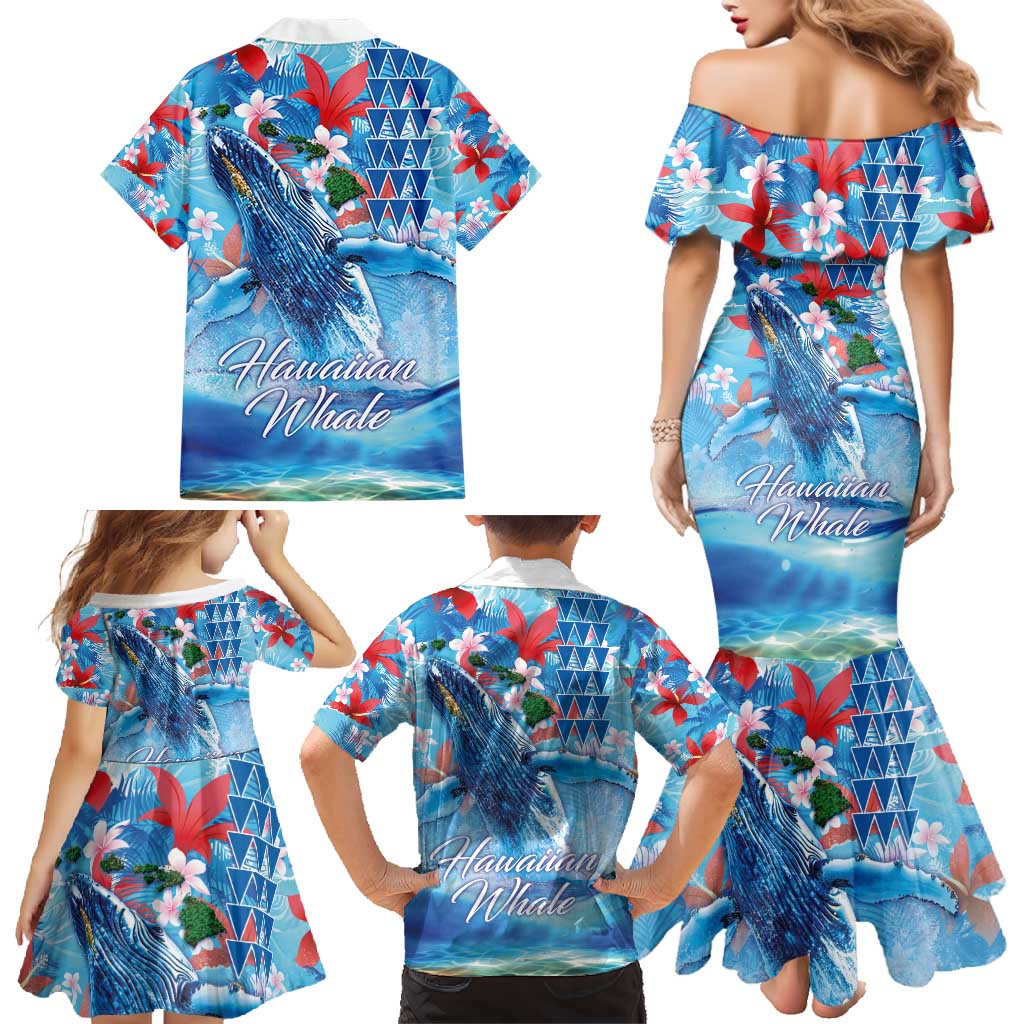 Hawaiian Waves Whale Family Matching Mermaid Dress and Hawaiian Shirt Kakau Art and Tropical Red Hibiscus Flowers LT03 - Polynesian Pride