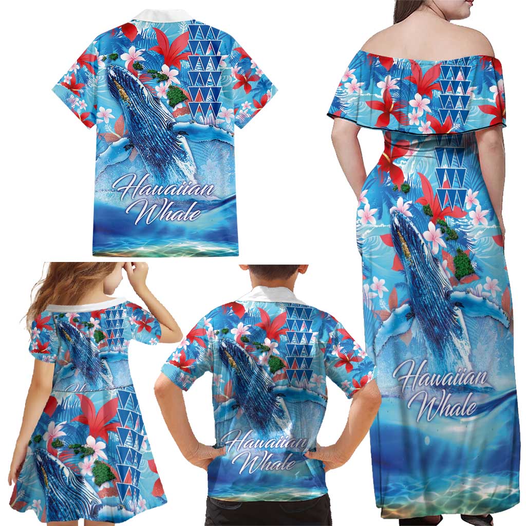 Hawaiian Waves Whale Family Matching Off Shoulder Maxi Dress and Hawaiian Shirt Kakau Art and Tropical Red Hibiscus Flowers