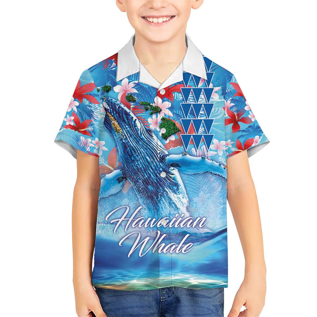 Hawaiian Waves Whale Family Matching Short Sleeve Bodycon Dress and Hawaiian Shirt Kakau Art and Tropical Red Hibiscus Flowers LT03 Son's Shirt Blue - Polynesian Pride