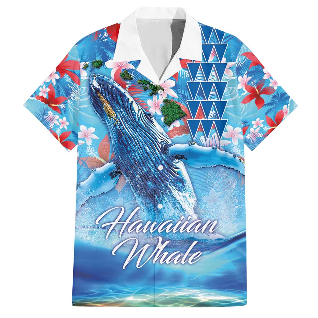 Hawaiian Waves Whale Family Matching Summer Maxi Dress and Hawaiian Shirt Kakau Art and Tropical Red Hibiscus Flowers LT03 Dad's Shirt - Short Sleeve Blue - Polynesian Pride