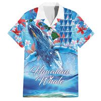 Hawaiian Waves Whale Family Matching Summer Maxi Dress and Hawaiian Shirt Kakau Art and Tropical Red Hibiscus Flowers LT03 Dad's Shirt - Short Sleeve Blue - Polynesian Pride
