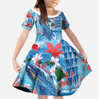 Hawaiian Waves Whale Family Matching Tank Maxi Dress and Hawaiian Shirt Kakau Art and Tropical Red Hibiscus Flowers LT03 Daughter's Dress Blue - Polynesian Pride