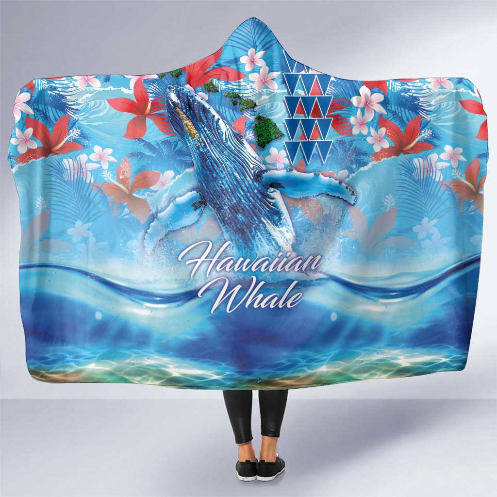 Hawaiian Waves Whale Hooded Blanket Kakau Art and Tropical Red Hibiscus Flowers LT03 One Size Blue - Polynesian Pride