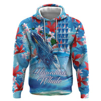 Hawaiian Waves Whale Hoodie Kakau Art and Tropical Red Hibiscus Flowers