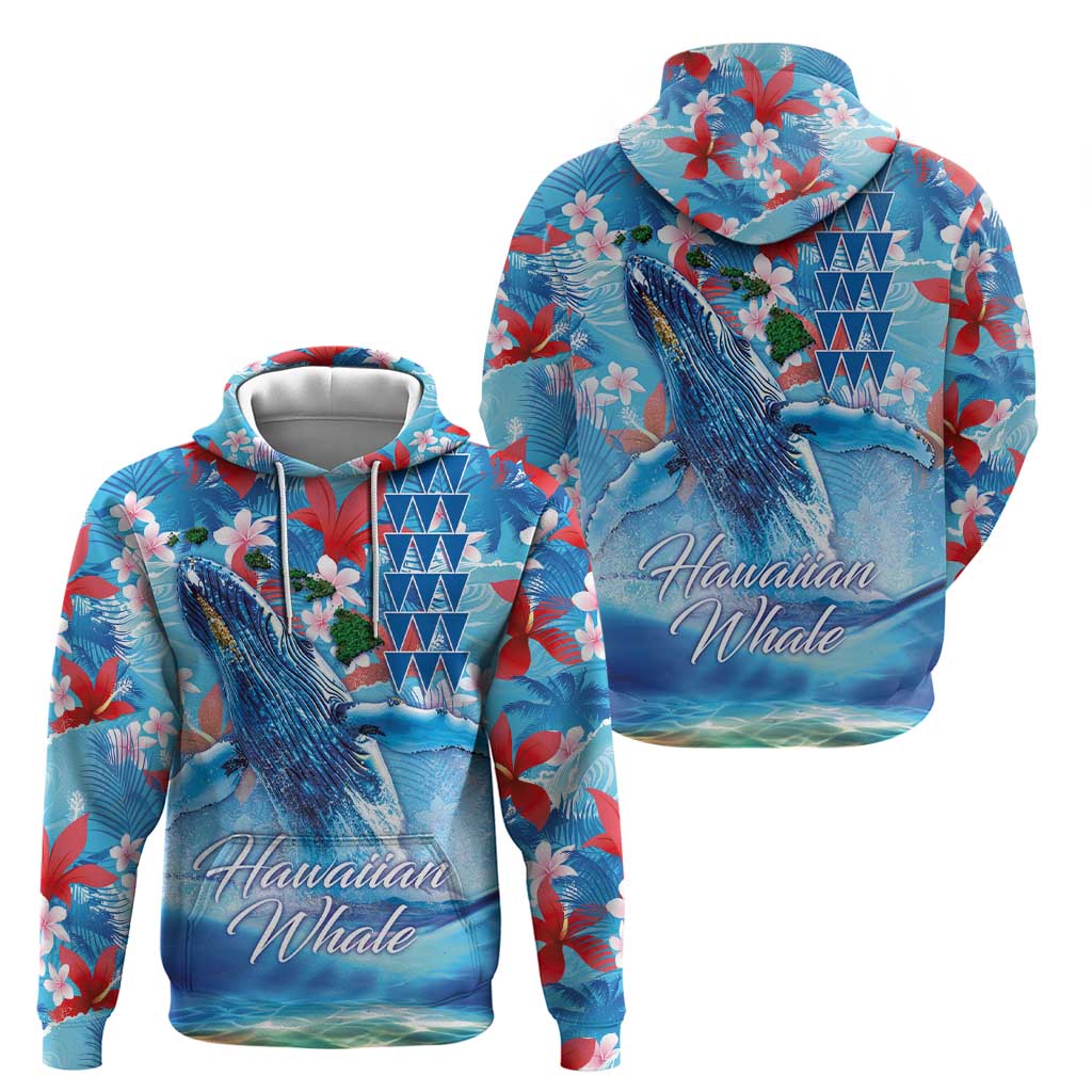 Hawaiian Waves Whale Hoodie Kakau Art and Tropical Red Hibiscus Flowers