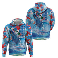 Hawaiian Waves Whale Hoodie Kakau Art and Tropical Red Hibiscus Flowers
