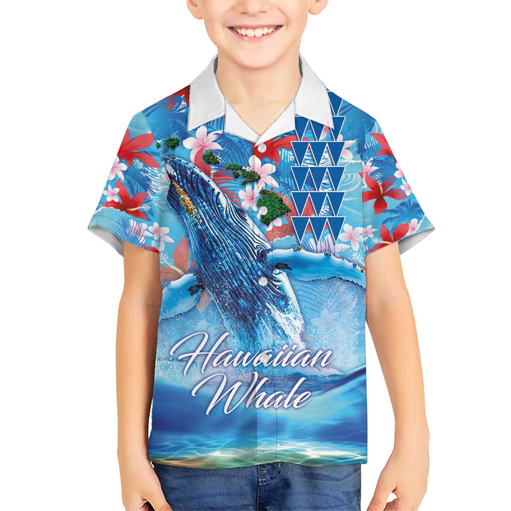 Hawaiian Waves Whale Kid Hawaiian Shirt Kakau Art and Tropical Red Hibiscus Flowers LT03 Kid Blue - Polynesian Pride
