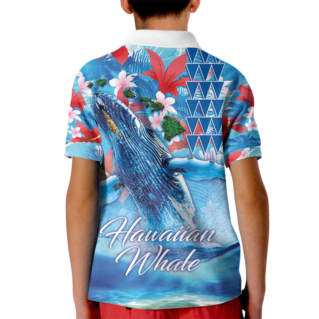 Hawaiian Waves Whale Kid Polo Shirt Kakau Art and Tropical Red Hibiscus Flowers