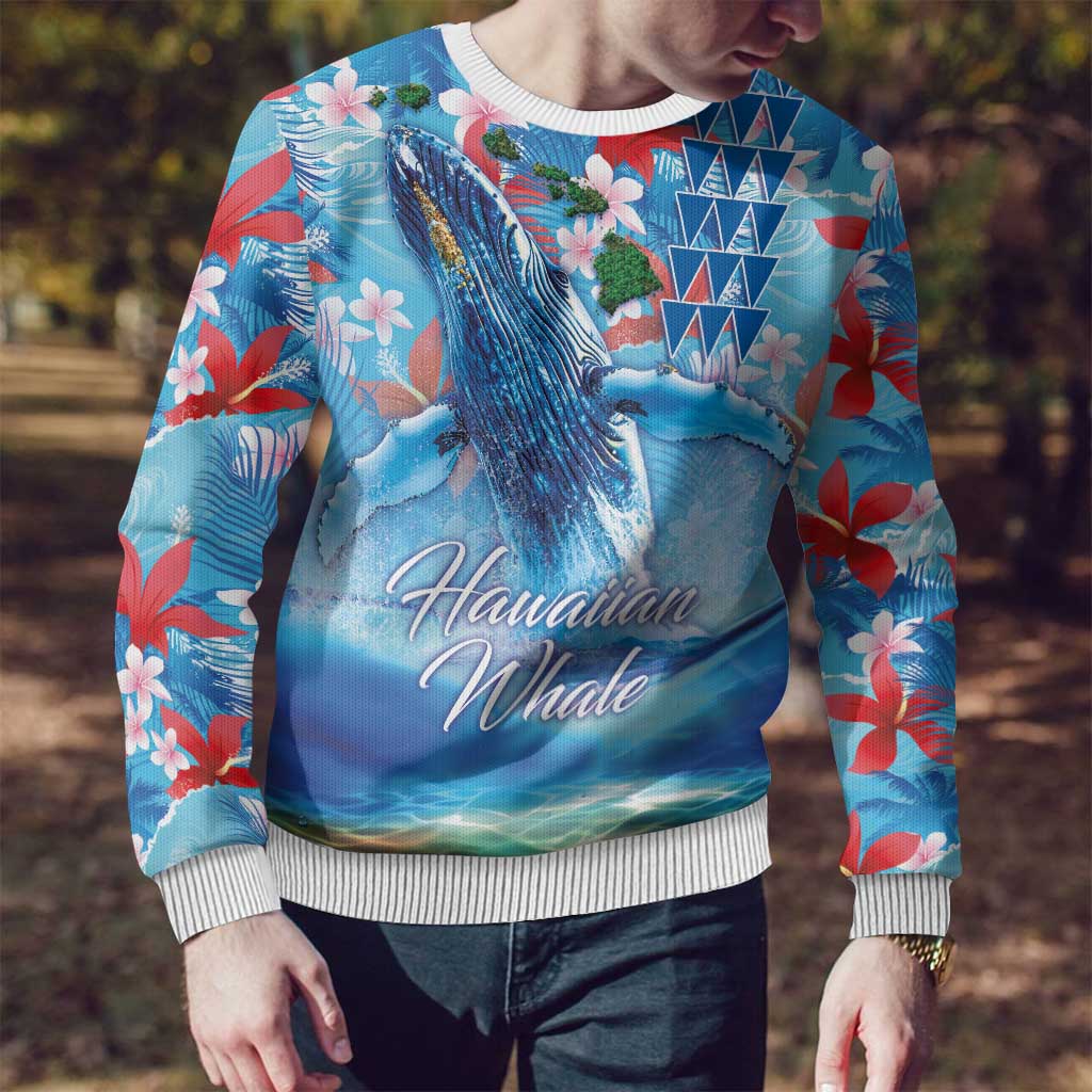 Hawaiian Waves Whale Ugly Christmas Sweater Kakau Art and Tropical Red Hibiscus Flowers