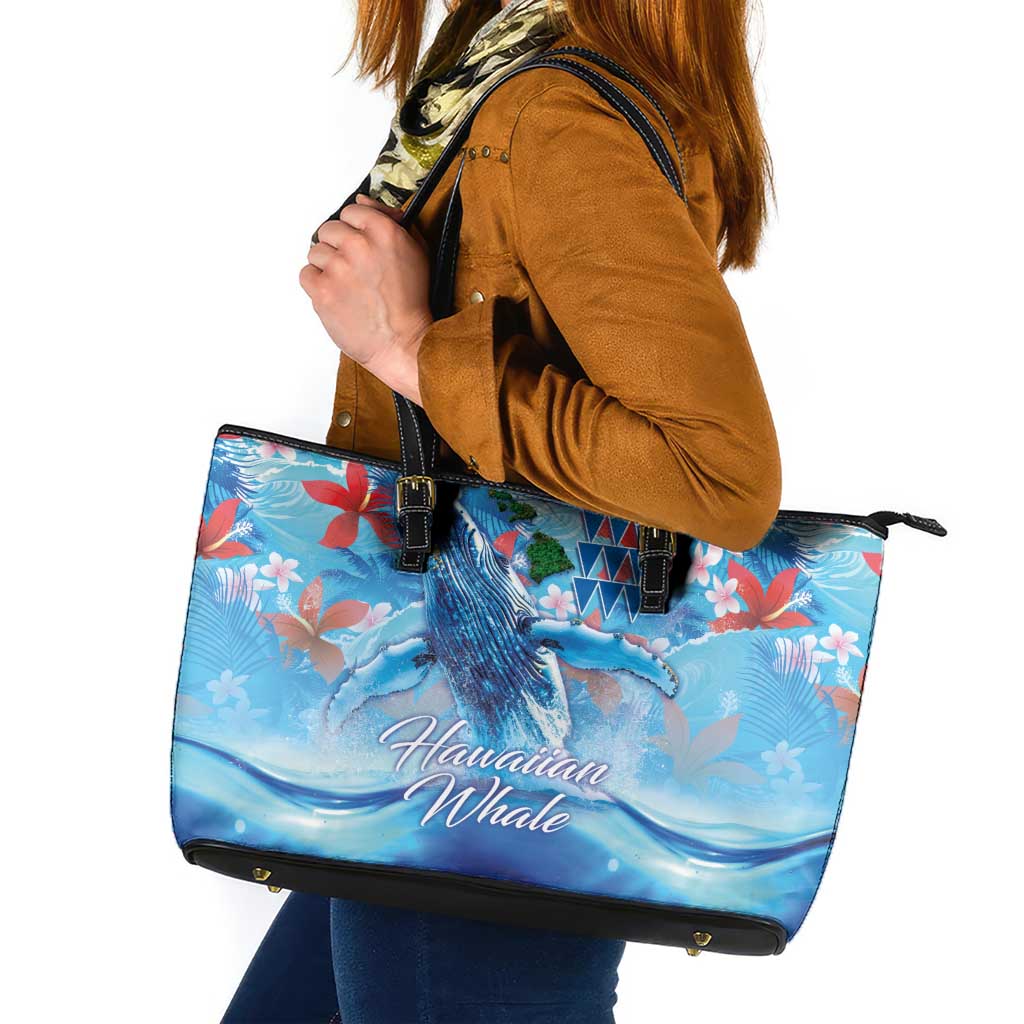 Hawaiian Waves Whale Leather Tote Bag Kakau Art and Tropical Red Hibiscus Flowers LT03 Blue - Polynesian Pride