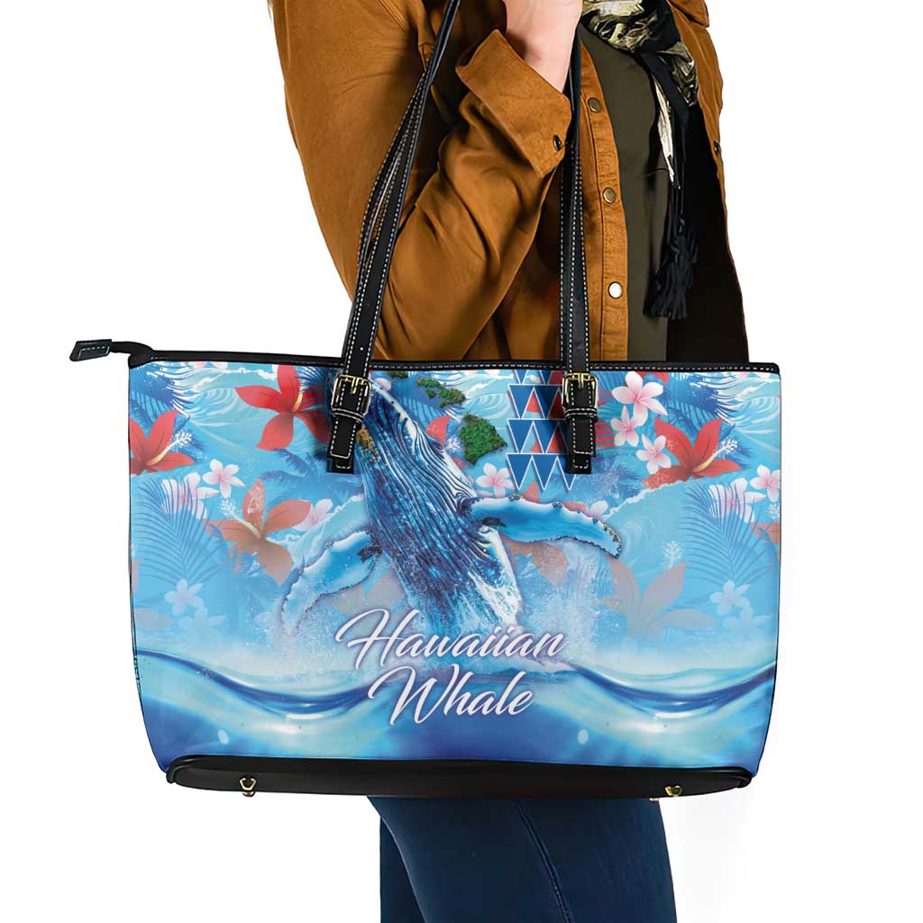 Hawaiian Waves Whale Leather Tote Bag Kakau Art and Tropical Red Hibiscus Flowers