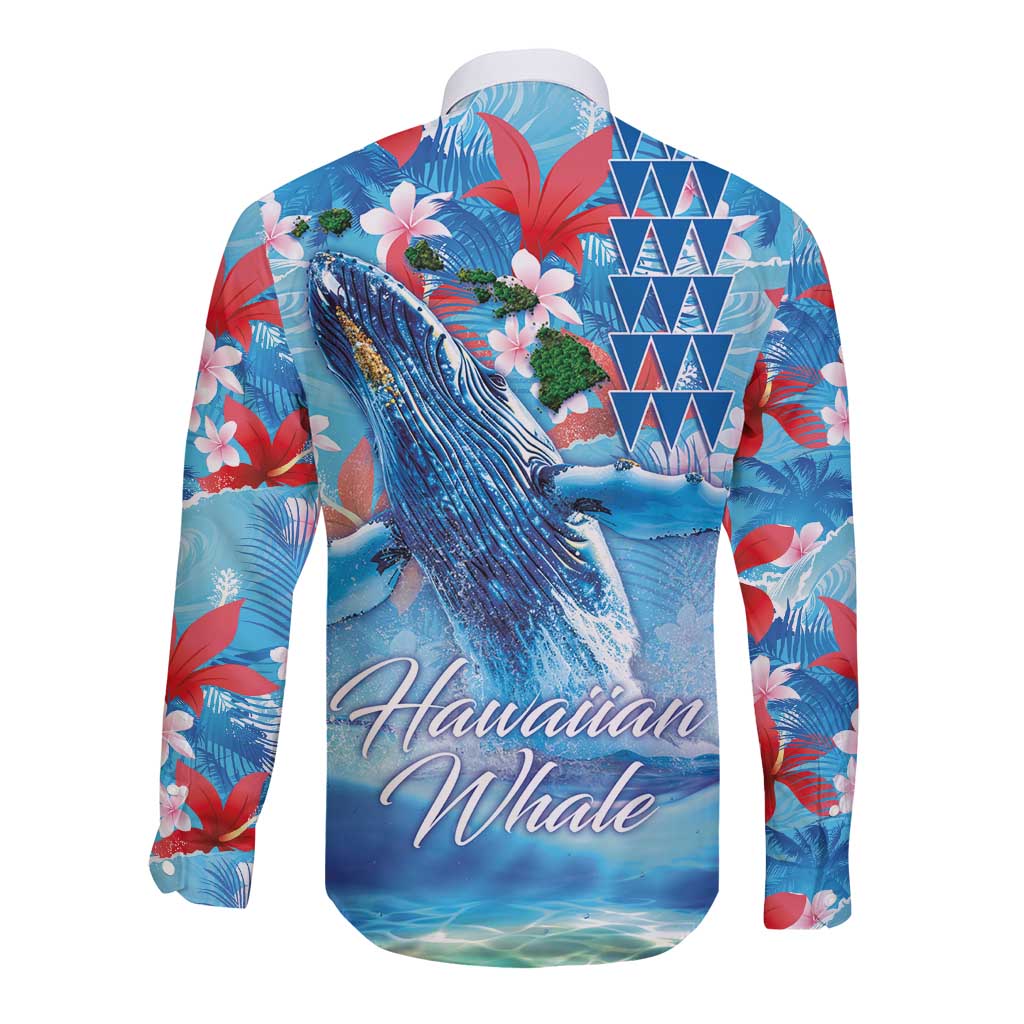 Hawaiian Waves Whale Long Sleeve Button Shirt Kakau Art and Tropical Red Hibiscus Flowers LT03 - Polynesian Pride