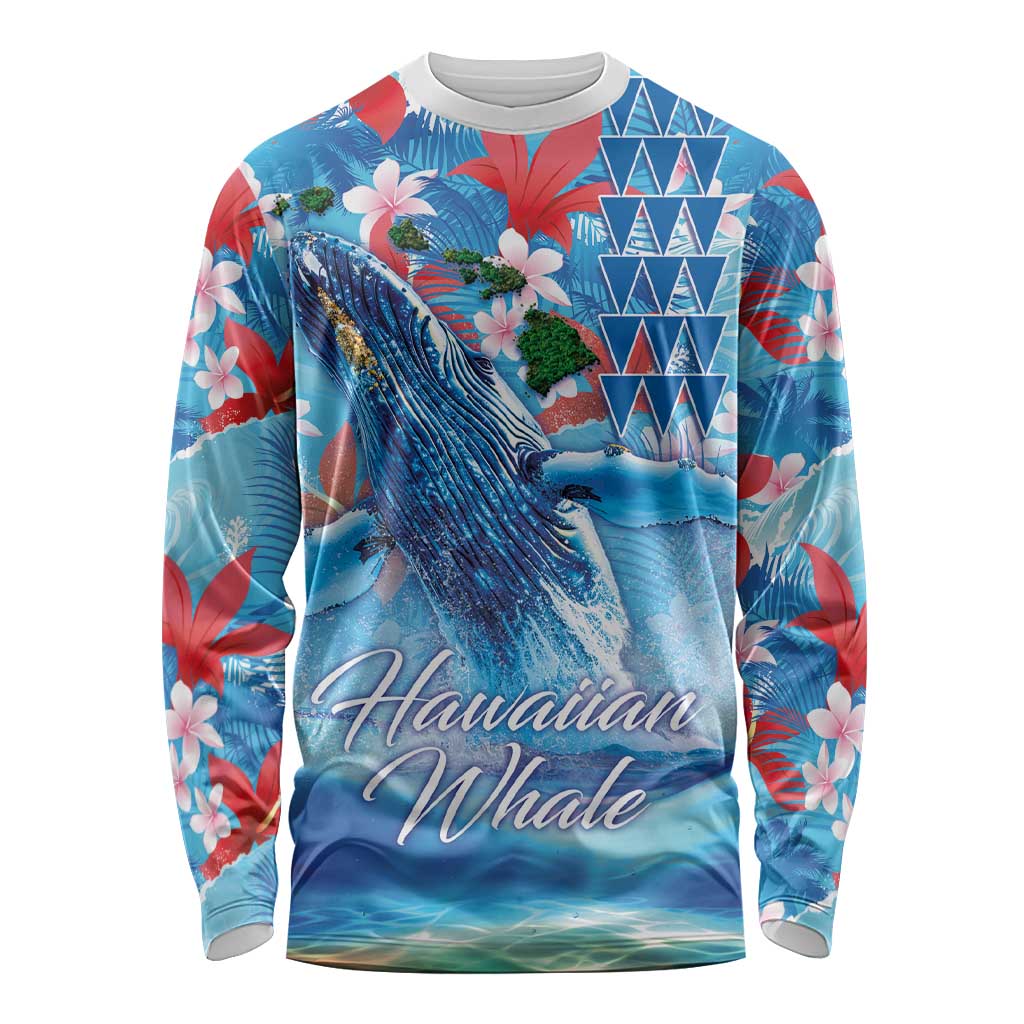 Hawaiian Waves Whale Long Sleeve Shirt Kakau Art and Tropical Red Hibiscus Flowers LT03 Unisex Blue - Polynesian Pride