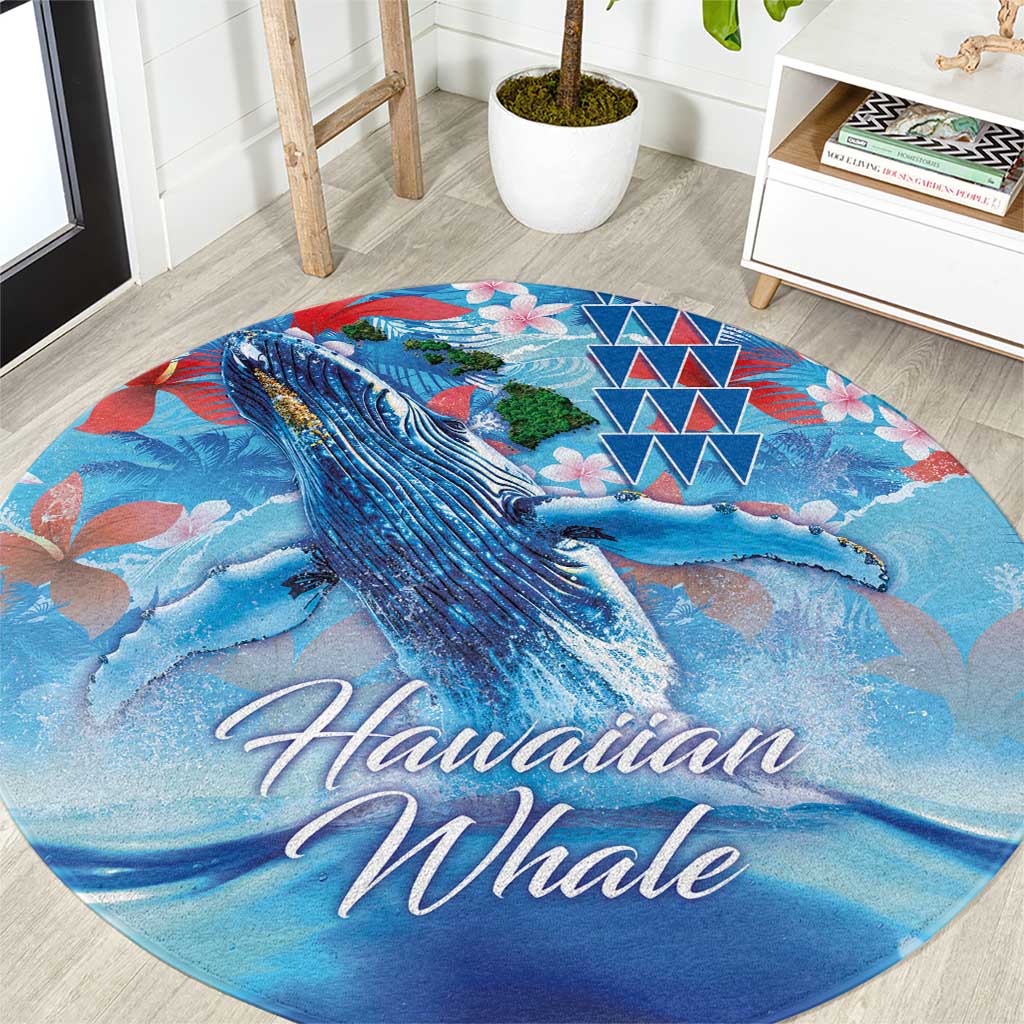 Hawaiian Waves Whale Round Carpet Kakau Art and Tropical Red Hibiscus Flowers LT03 Blue - Polynesian Pride
