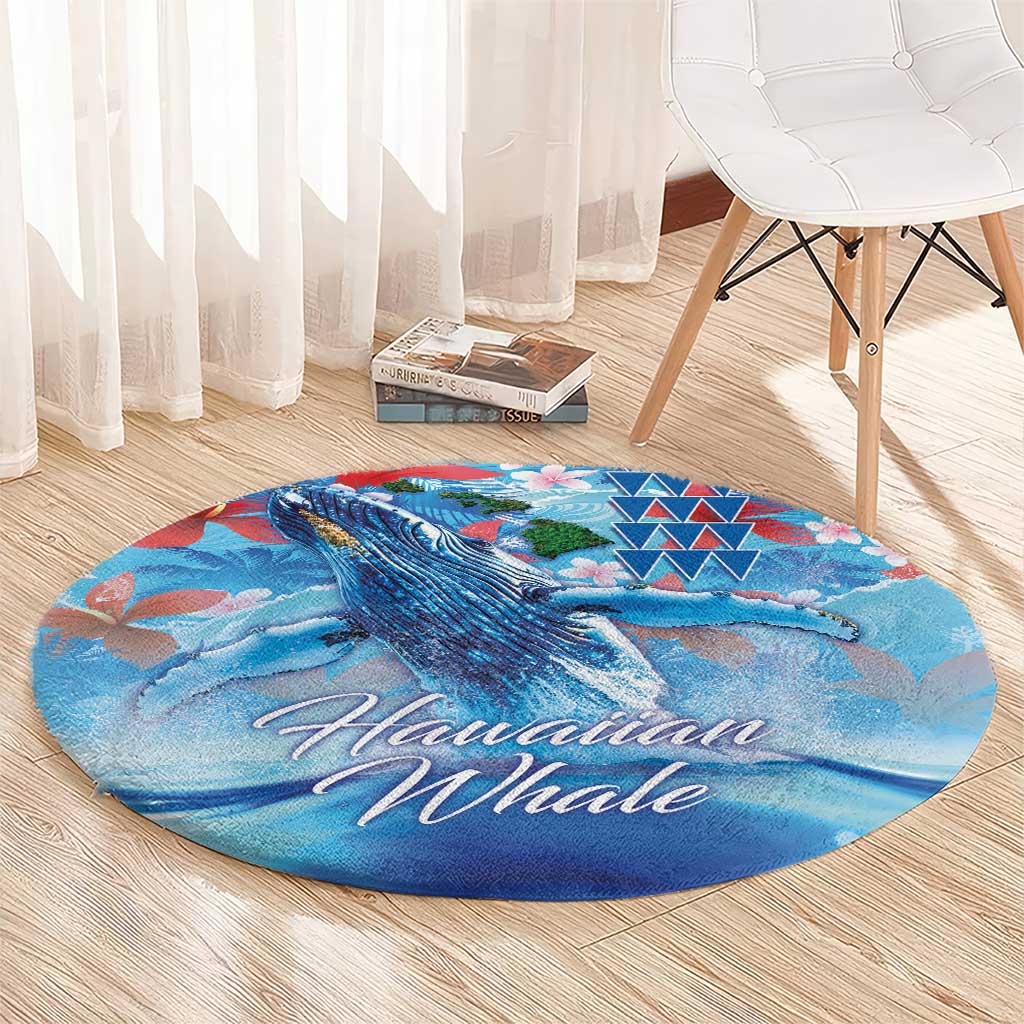 Hawaiian Waves Whale Round Carpet Kakau Art and Tropical Red Hibiscus Flowers