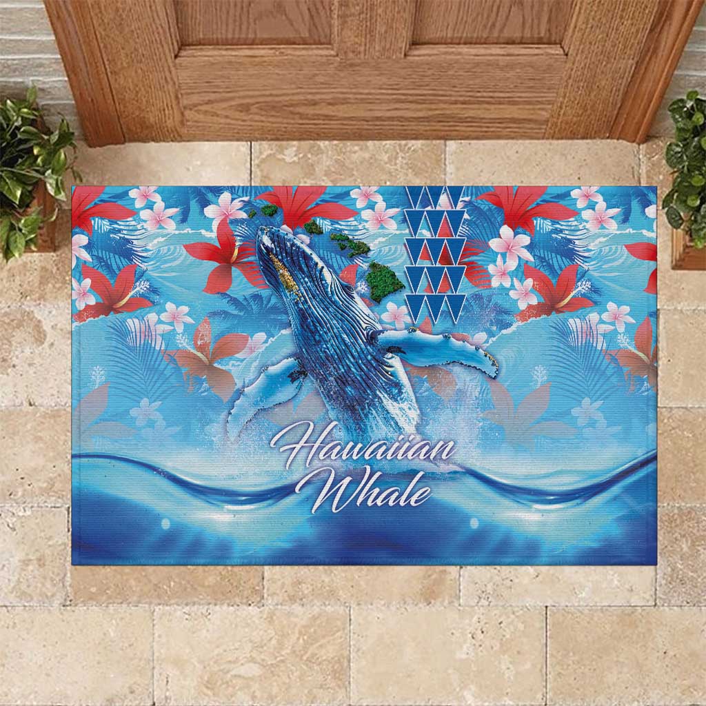 Hawaiian Waves Whale Rubber Doormat Kakau Art and Tropical Red Hibiscus Flowers LT03 Blue - Polynesian Pride