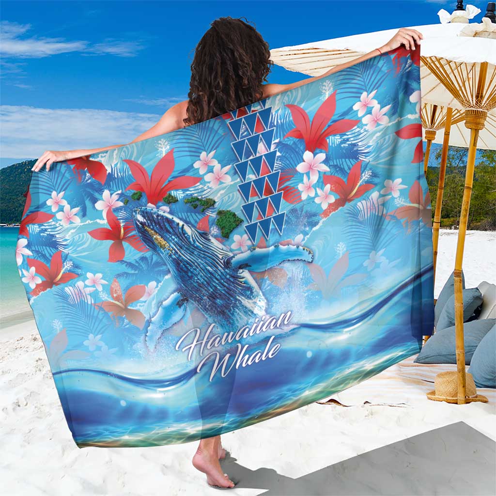 Hawaiian Waves Whale Sarong Kakau Art and Tropical Red Hibiscus Flowers LT03 One Size 44 x 66 inches Blue - Polynesian Pride