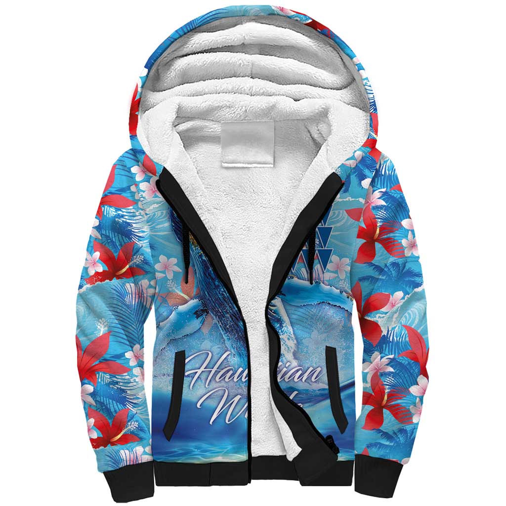 Hawaiian Waves Whale Sherpa Hoodie Kakau Art and Tropical Red Hibiscus Flowers LT03 Unisex Blue - Polynesian Pride