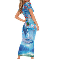 Hawaiian Waves Whale Short Sleeve Bodycon Dress Kakau Art and Tropical Red Hibiscus Flowers LT03 - Polynesian Pride