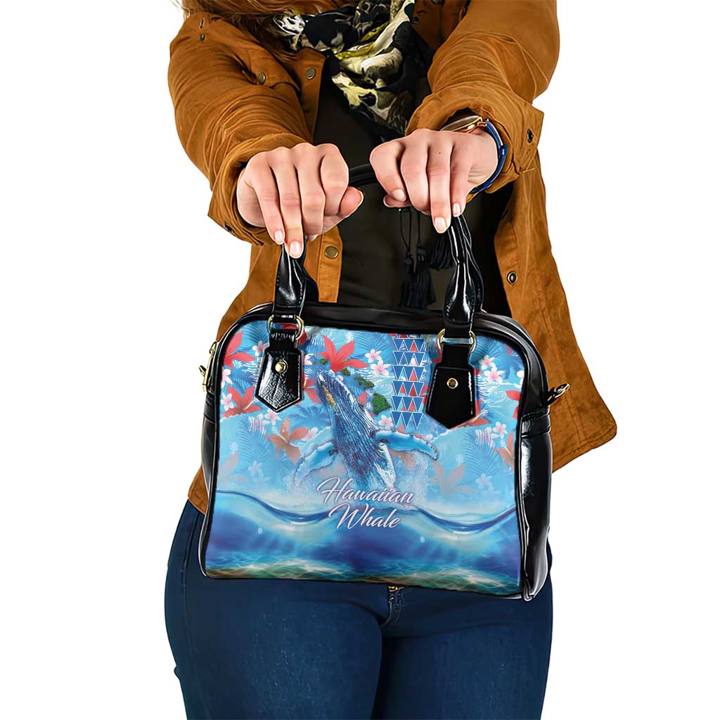Hawaiian Waves Whale Shoulder Handbag Kakau Art and Tropical Red Hibiscus Flowers LT03 One Size Blue - Polynesian Pride