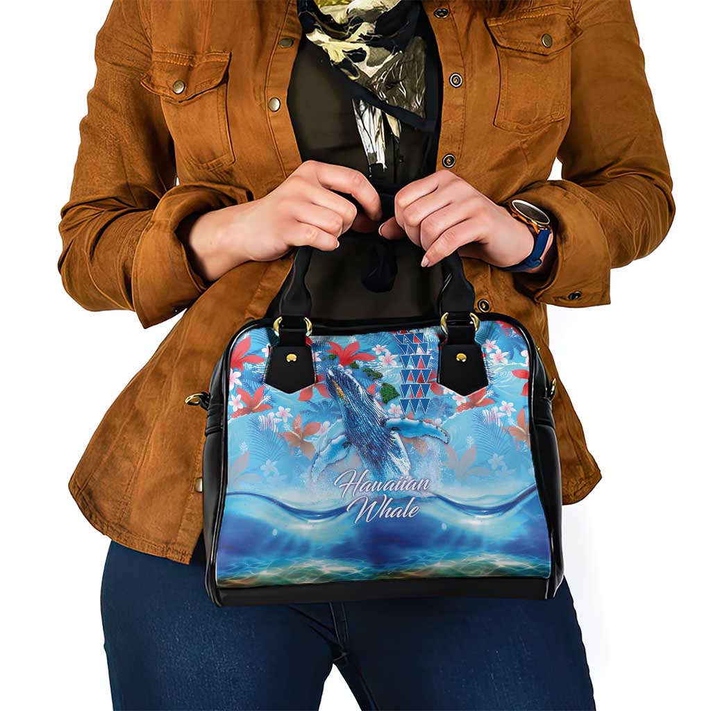 Hawaiian Waves Whale Shoulder Handbag Kakau Art and Tropical Red Hibiscus Flowers