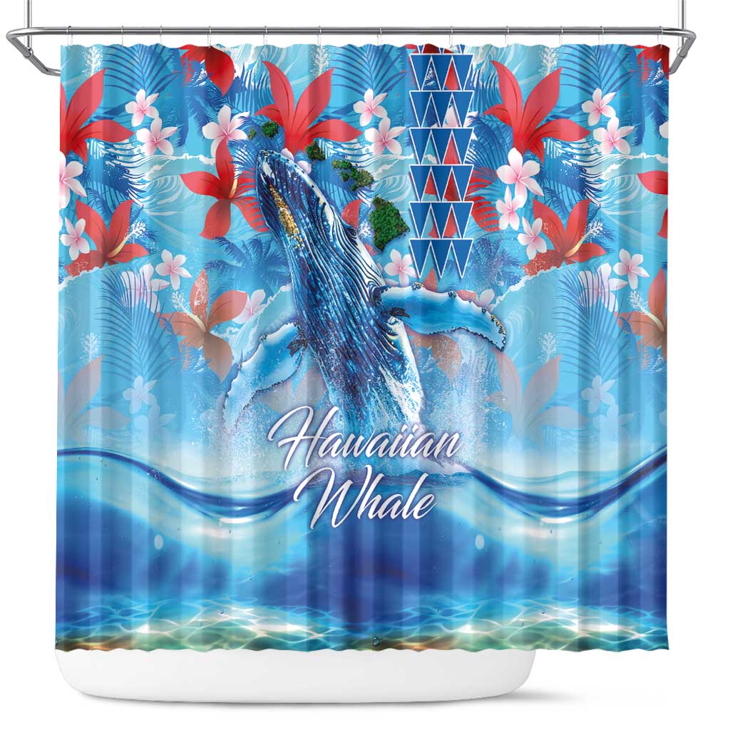 Hawaiian Waves Whale Shower Curtain Kakau Art and Tropical Red Hibiscus Flowers LT03 Blue - Polynesian Pride