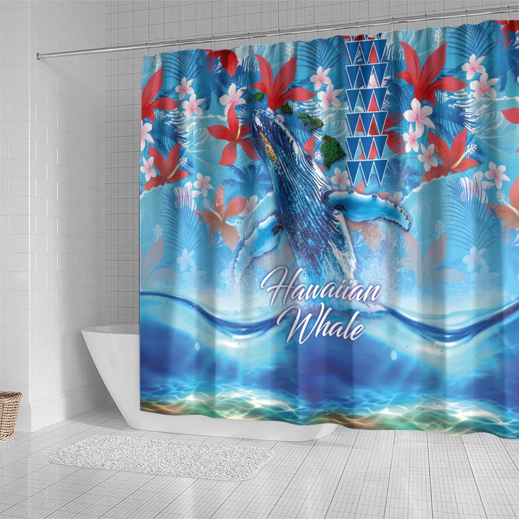 Hawaiian Waves Whale Shower Curtain Kakau Art and Tropical Red Hibiscus Flowers LT03 - Polynesian Pride