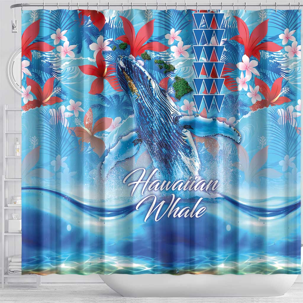 Hawaiian Waves Whale Shower Curtain Kakau Art and Tropical Red Hibiscus Flowers LT03 - Polynesian Pride