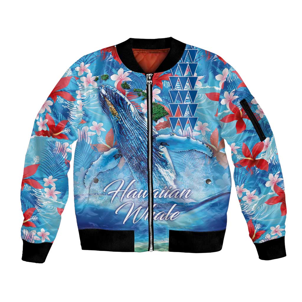 Hawaiian Waves Whale Sleeve Zip Bomber Jacket Kakau Art and Tropical Red Hibiscus Flowers LT03 Unisex Blue - Polynesian Pride