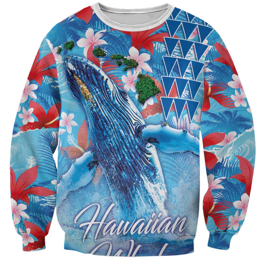 Hawaiian Waves Whale Sweatshirt Kakau Art and Tropical Red Hibiscus Flowers LT03 Unisex Blue - Polynesian Pride
