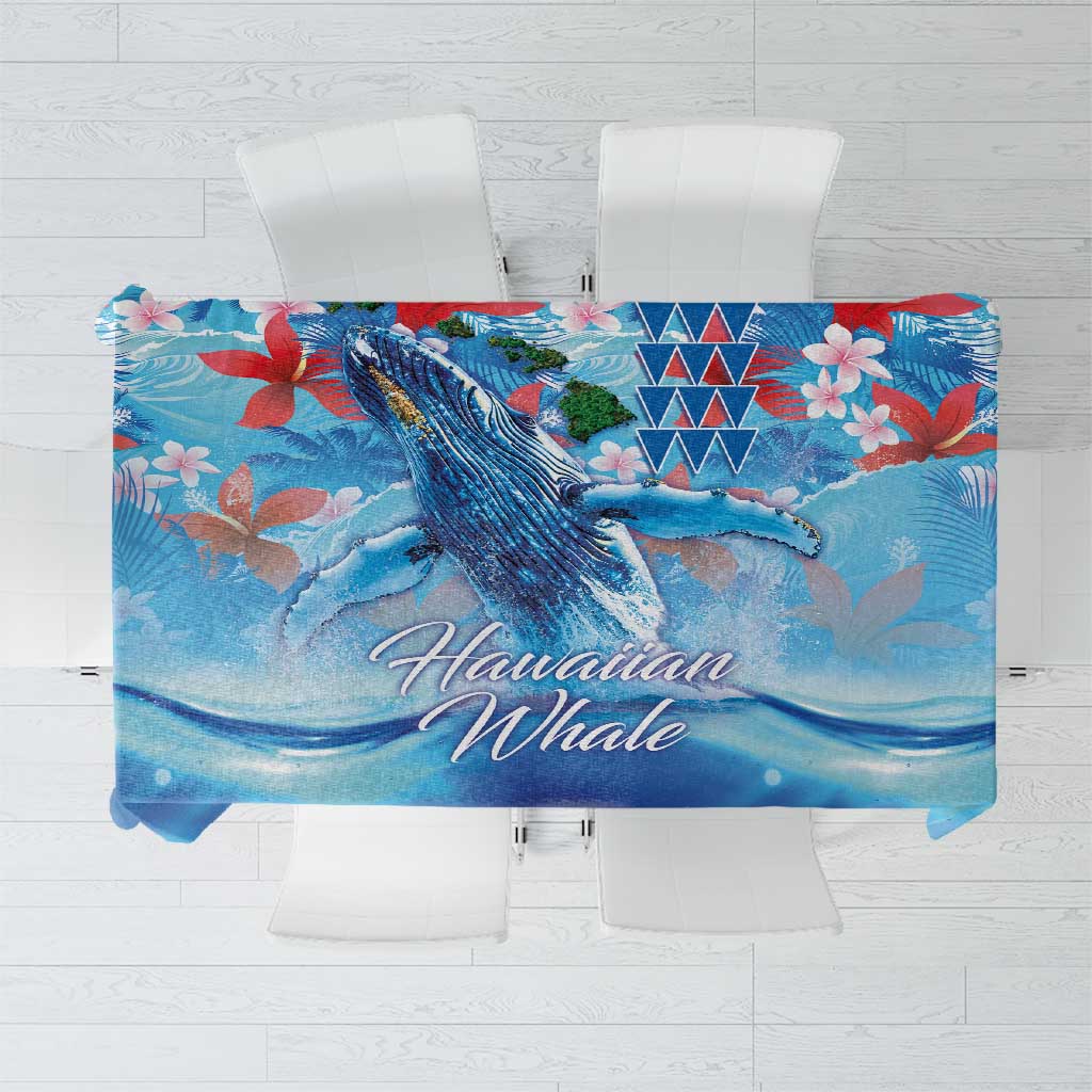 Hawaiian Waves Whale Tablecloth Kakau Art and Tropical Red Hibiscus Flowers LT03 Blue - Polynesian Pride