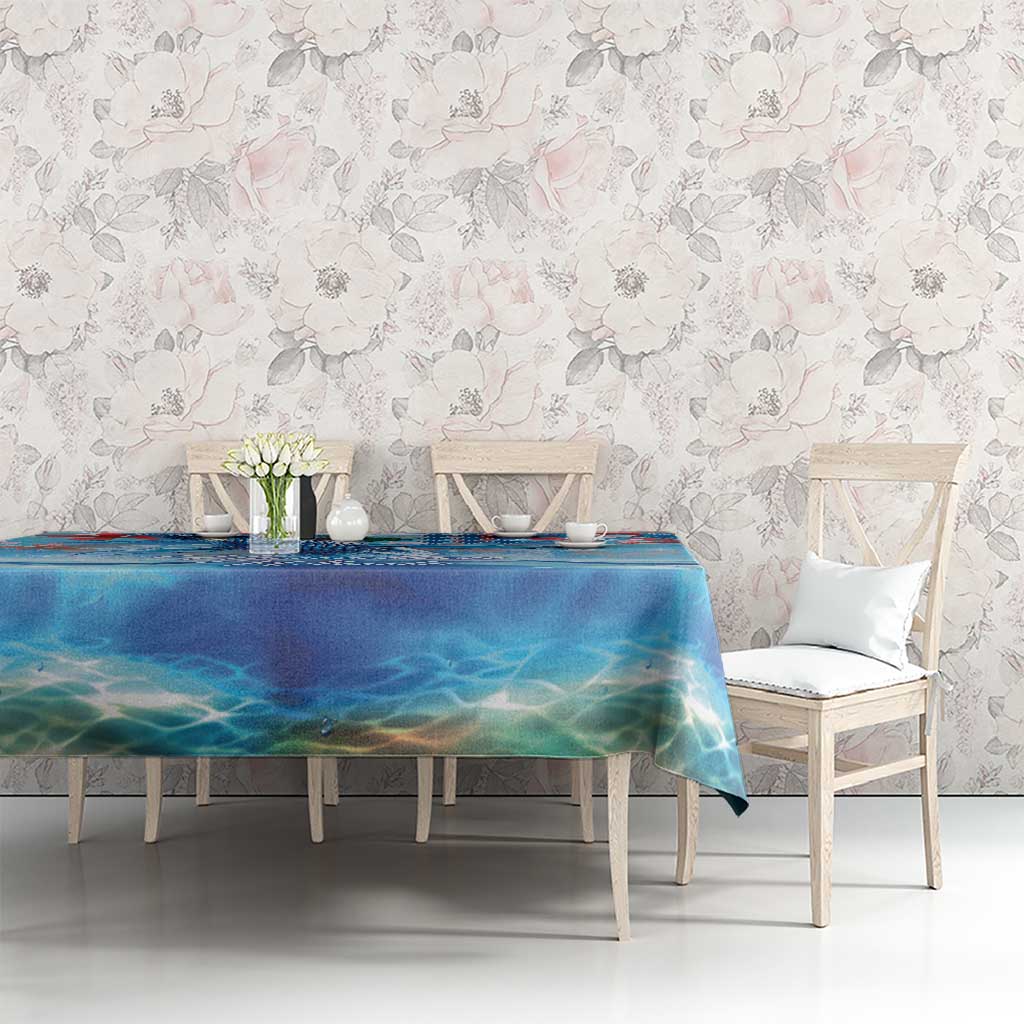 Hawaiian Waves Whale Tablecloth Kakau Art and Tropical Red Hibiscus Flowers