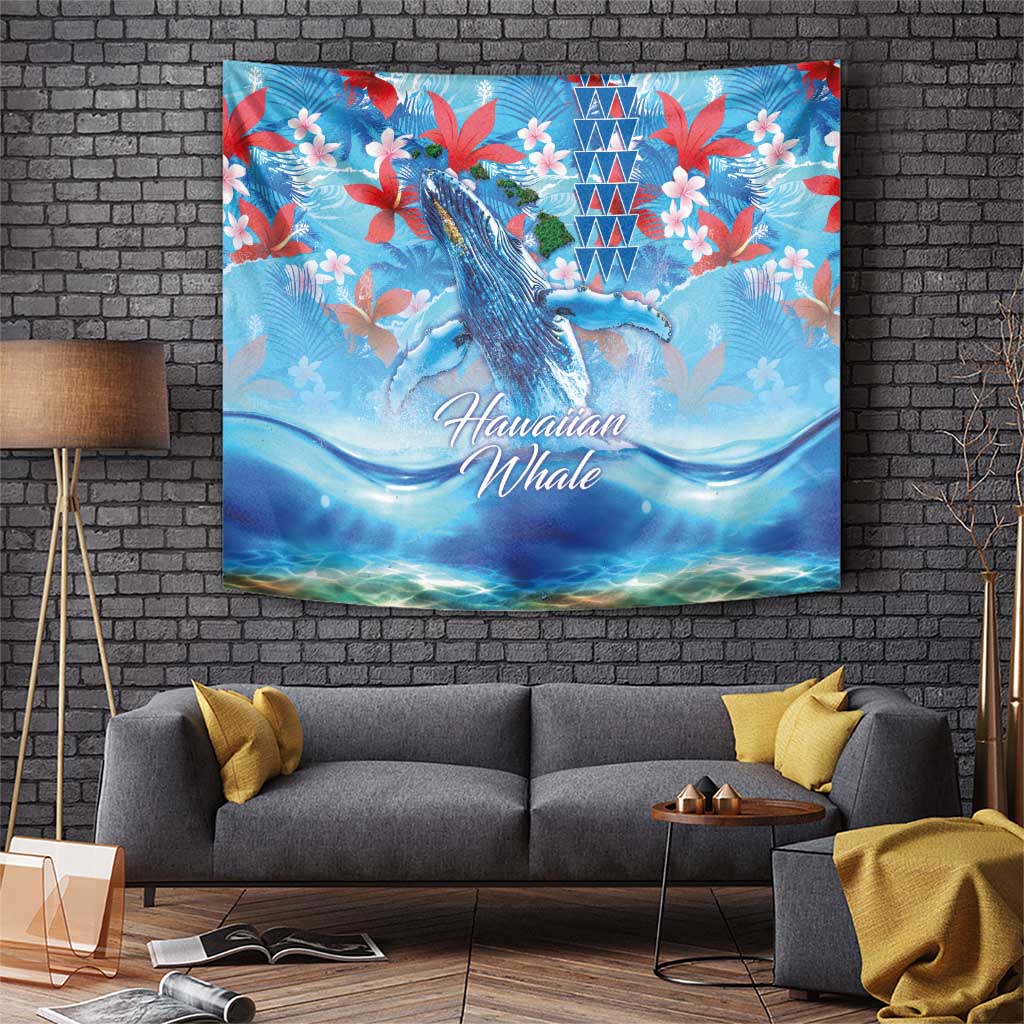 Hawaiian Waves Whale Tapestry Kakau Art and Tropical Red Hibiscus Flowers LT03 Blue - Polynesian Pride