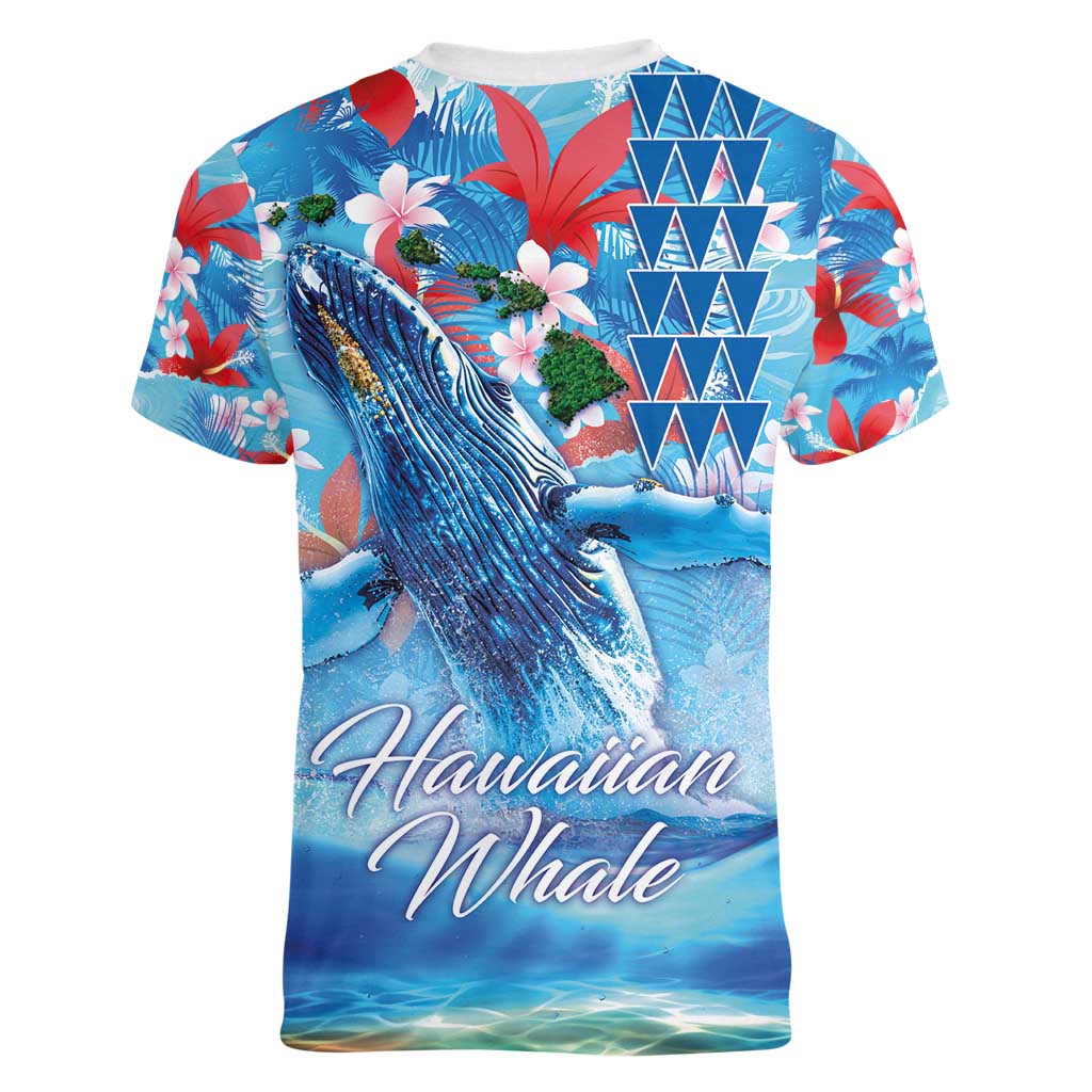 Hawaiian Waves Whale Women V-Neck T-Shirt Kakau Art and Tropical Red Hibiscus Flowers