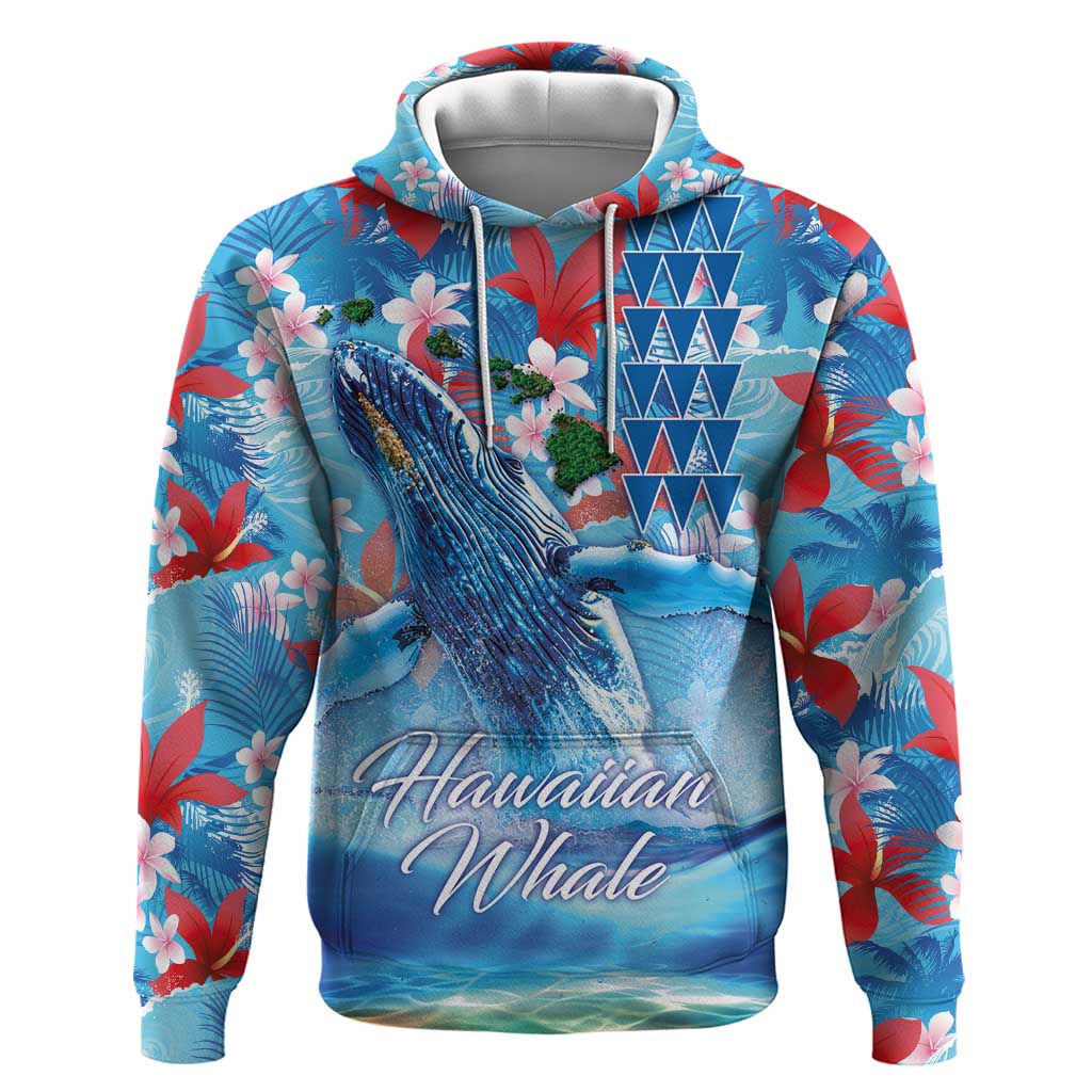 Hawaiian Waves Whale Zip Hoodie Kakau Art and Tropical Red Hibiscus Flowers