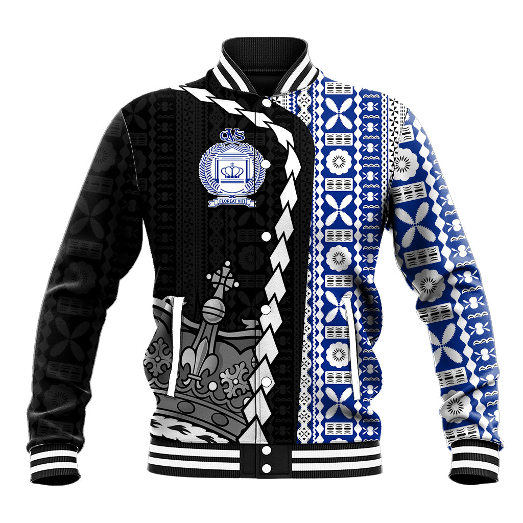 Fiji Queen Victoria School Baseball Jacket Tapa and Polynesian Tribal Pattern Half Style LT03 Unisex Black - Polynesian Pride