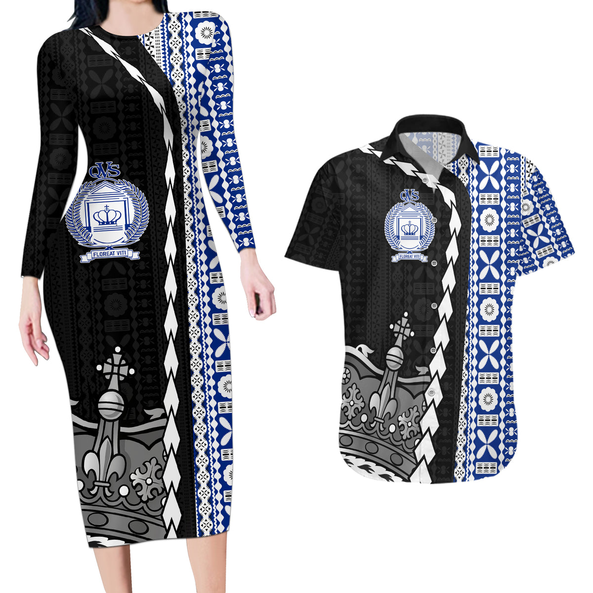 Fiji Queen Victoria School Couples Matching Long Sleeve Bodycon Dress and Hawaiian Shirt Tapa and Polynesian Tribal Pattern Half Style LT03 Black - Polynesian Pride
