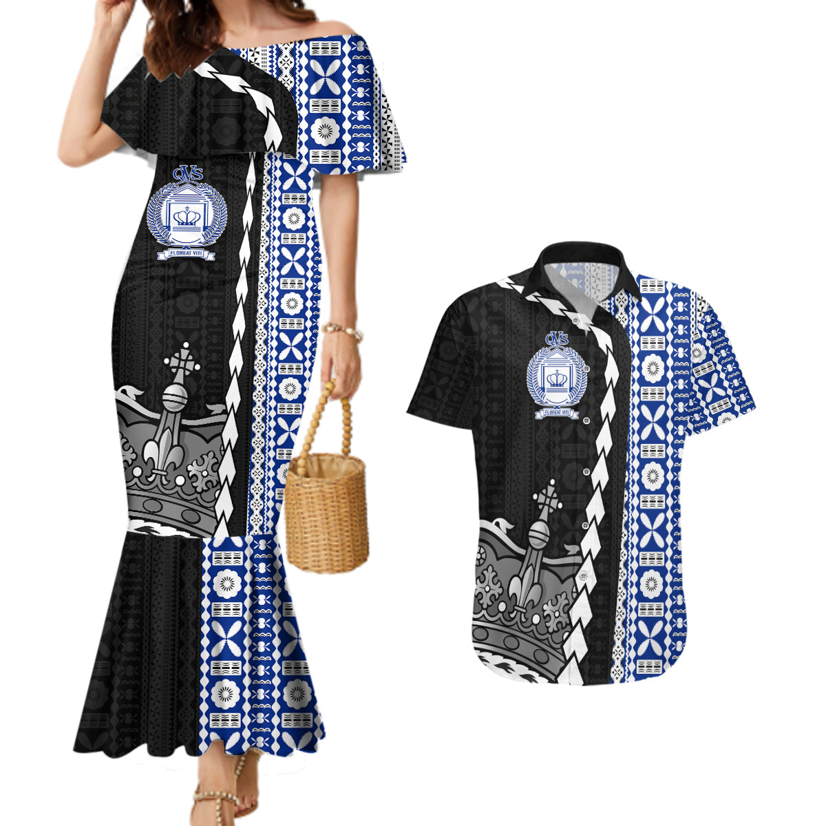 Fiji Queen Victoria School Couples Matching Mermaid Dress and Hawaiian Shirt Tapa and Polynesian Tribal Pattern Half Style LT03 Black - Polynesian Pride