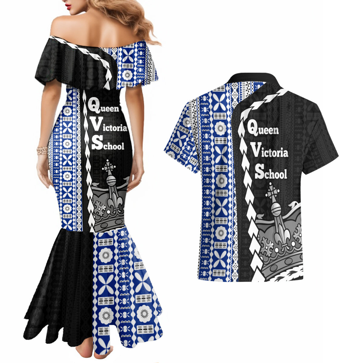 Fiji Queen Victoria School Couples Matching Mermaid Dress and Hawaiian Shirt Tapa and Polynesian Tribal Pattern Half Style LT03 - Polynesian Pride