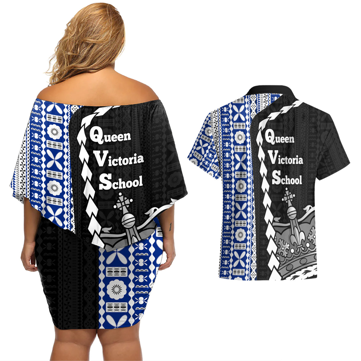 Fiji Queen Victoria School Couples Matching Off Shoulder Short Dress and Hawaiian Shirt Tapa and Polynesian Tribal Pattern Half Style LT03 - Polynesian Pride