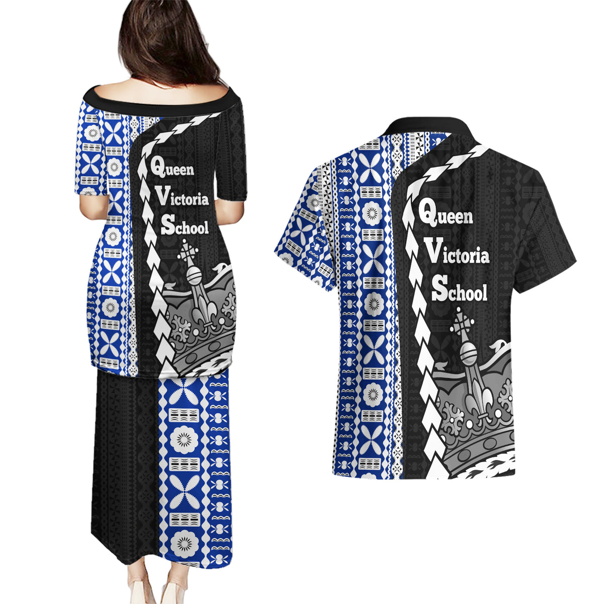 Fiji Queen Victoria School Couples Matching Puletasi Dress and Hawaiian Shirt Tapa and Polynesian Tribal Pattern Half Style LT03 - Polynesian Pride