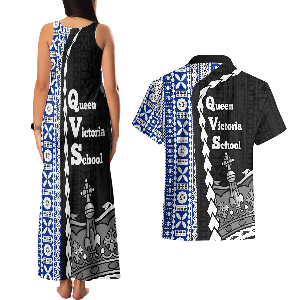 Fiji Queen Victoria School Couples Matching Tank Maxi Dress and Hawaiian Shirt Tapa and Polynesian Tribal Pattern Half Style LT03 - Polynesian Pride