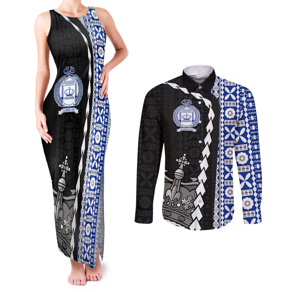 Fiji Queen Victoria School Couples Matching Tank Maxi Dress and Long Sleeve Button Shirt Tapa and Polynesian Tribal Pattern Half Style LT03 Black - Polynesian Pride
