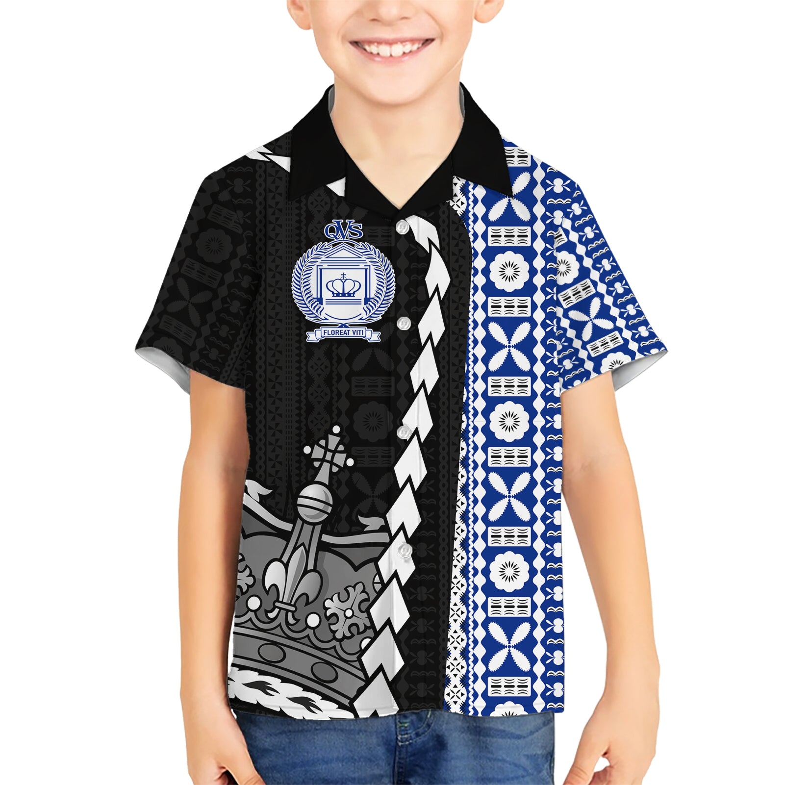 Fiji Queen Victoria School Kid Hawaiian Shirt Tapa and Polynesian Tribal Pattern Half Style LT03 Kid Black - Polynesian Pride